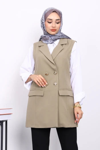 Açık Haki Düğmeli Cepli Yelek