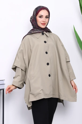 Açık Haki Oversize Düğmeli Panço Trenç