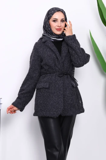 Antrasit Bel Bağlamalı Cepli Keçe Ceket