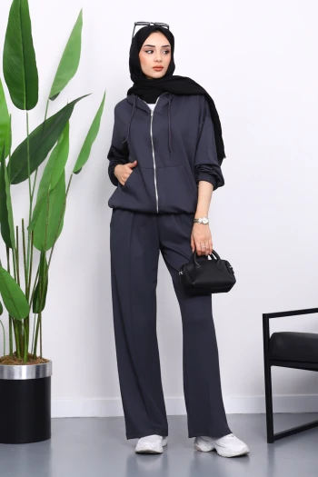 Antrasit Kapşonlu Fermuarlı Kanguru Cepli Modal Takım