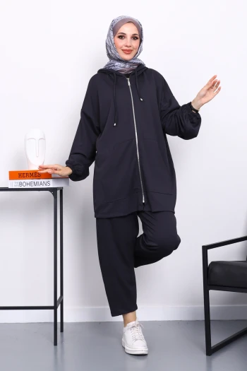 Antrasit Kapşonlu Fermuarlı Tunik Pantolonlu Takım