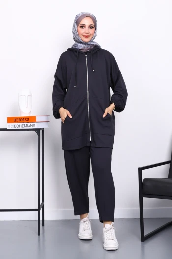 Antrasit Kapşonlu Fermuarlı Tunik Pantolonlu Takım