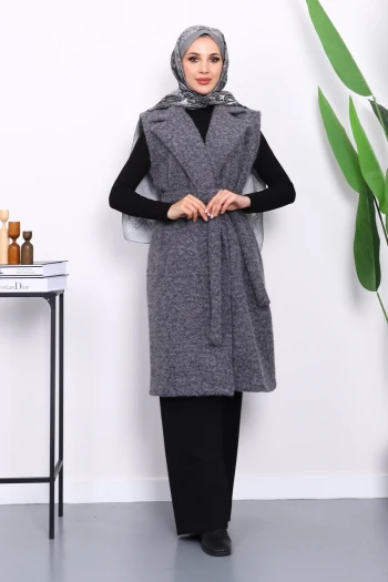 Antrasit Kruvaze Yaka Kuşaklı Keçe Yelek