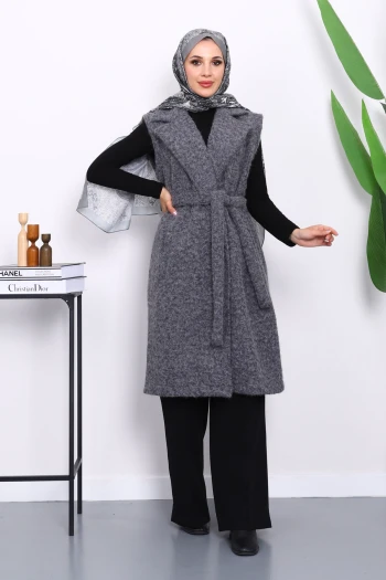 Antrasit Kruvaze Yaka Kuşaklı Keçe Yelek