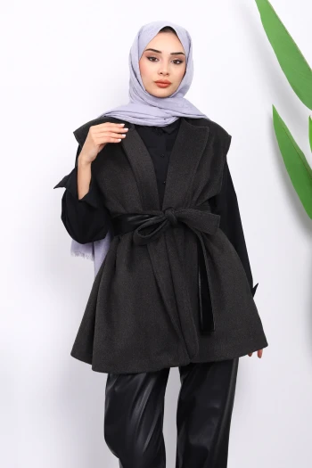 Antrasit Kuşaklı Çift Cepli Kaşe Yelek