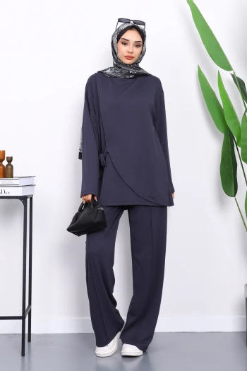 Antrasit Yandan Kuşak Bağlamalı Pantolonlu Takım