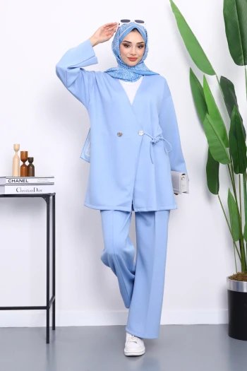 Bebe Mavi Bağlama Detaylı Tunik Pantolonlu Takım