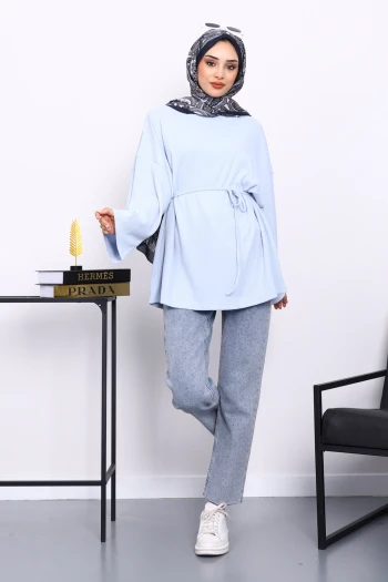 Bebe Mavi Bisiklet Yaka Bel Kuşaklı Tunik