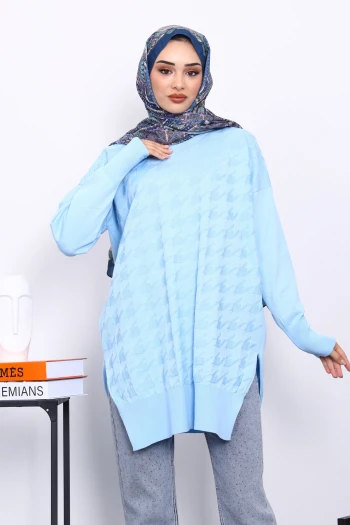 Bebe Mavi Kazayağı Desenli Soğuk İplik Triko Tunik