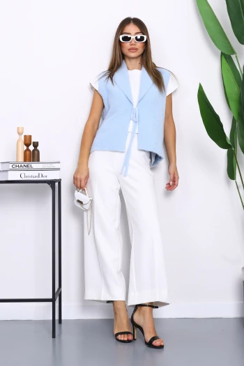 Bebe Mavi Ön Bağlamalı Kısa Angora Yumoş Yelek