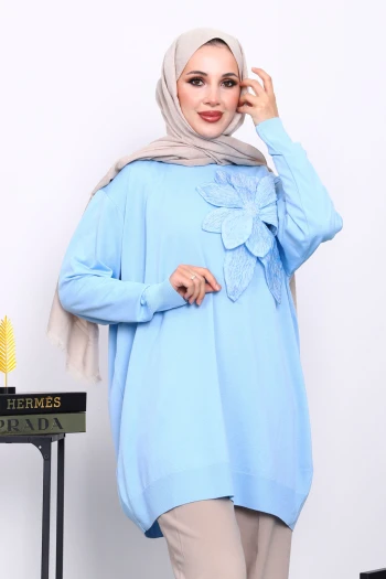 Bebe Mavi Soğuk İplik Çiçek Detaylı Triko Tunik