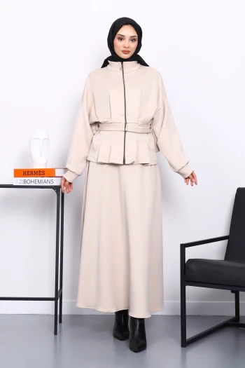 Bej Bel Detaylı Ceket Etekli Scuba Takım