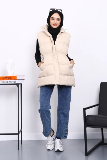 Bej Bel Lastikli Cepli Şişme Yelek