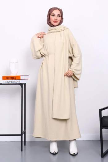 Bej Bisiklet Yaka Bel Kuşaklı Elbise