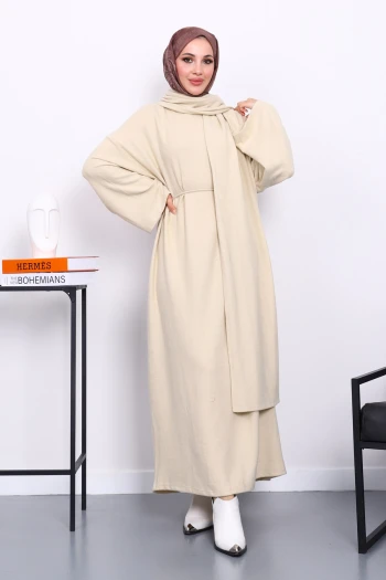 Bej Bisiklet Yaka Bel Kuşaklı Elbise