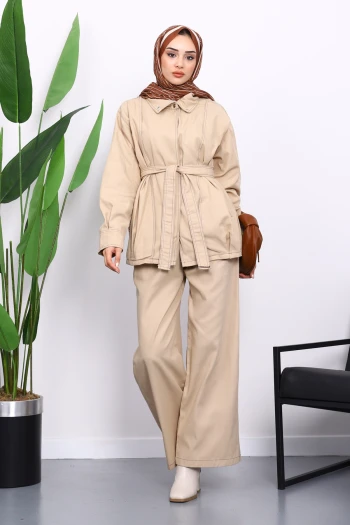 Bej Çıtçıtlı Ceket Pantolonlu Gabardin Takım