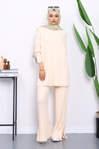 Bej Fitilli Yumoş Tunik Pantolonlu Takım