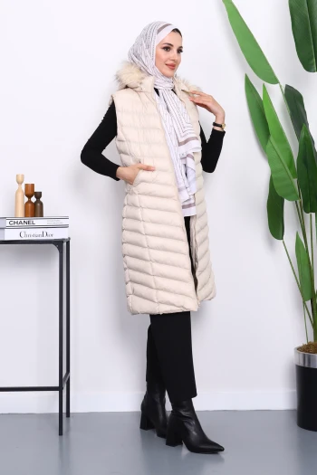 Bej Kapüşonlu Uzun Şişme Yelek
