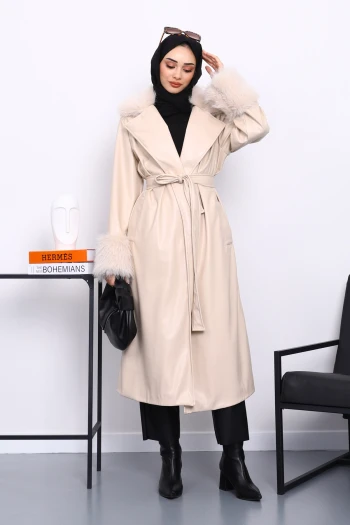 Bej Kol Yaka Kürklü Deri Trençkot