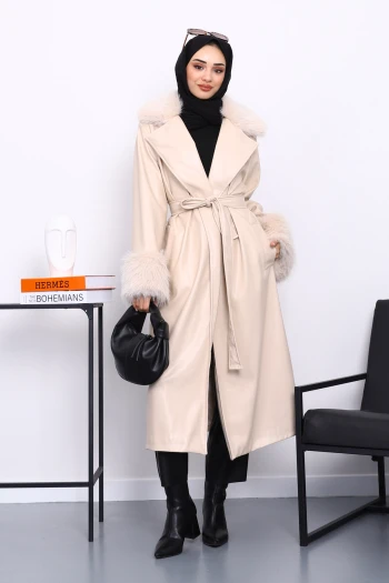 Bej Kol Yaka Kürklü Deri Trençkot