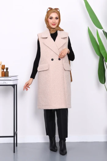 Bej Kruvaze Yaka Astarlı Kaşe Yelek