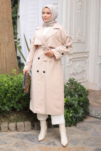 Bej Kruvaze Yaka Bel Kuşaklı Trençkot