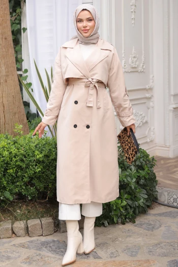 Bej Kruvaze Yaka Bel Kuşaklı Trençkot