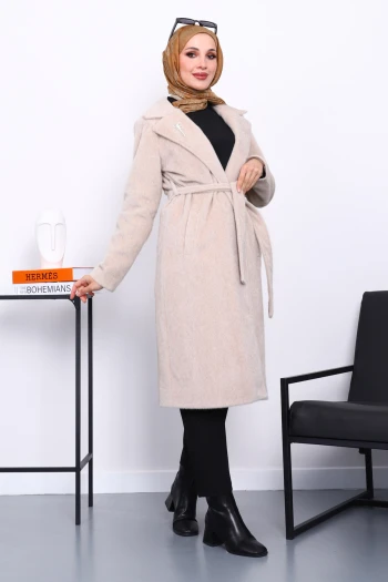 Bej Kruvaze Yaka Cepli Angora Kaban