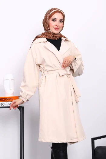Bej Kruvaze Yaka Kuşaklı Trençkot