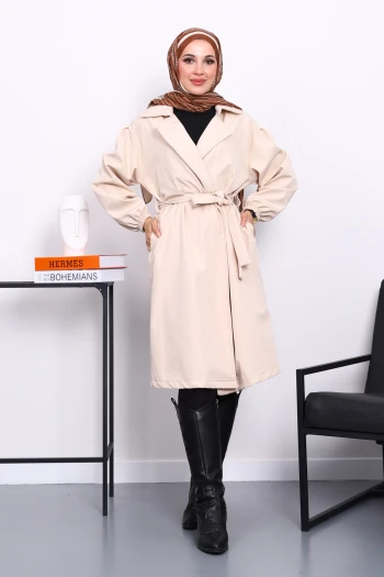Bej Kruvaze Yaka Kuşaklı Trençkot