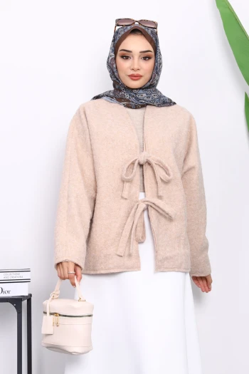 Bej Önü Bağlamalı Keçe Kimono Ceket