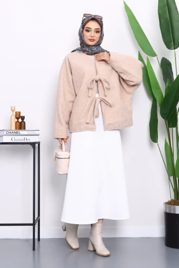 Bej Önü Bağlamalı Keçe Kimono Ceket