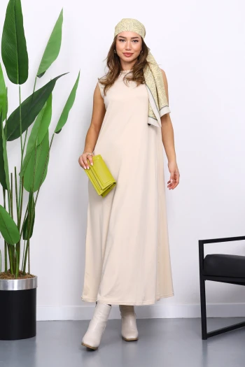 Bej Sıfır Kol Penye Tesettür İçlik Elbise