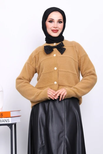 Bisküvi Fiyonk Detaylı Angora Yumoş Triko Hırka