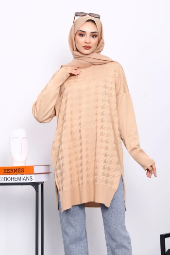 Bisküvi Kazayağı Desenli Soğuk İplik Triko Tunik