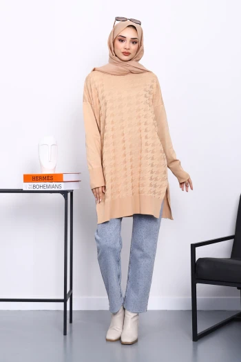 Bisküvi Kazayağı Desenli Soğuk İplik Triko Tunik