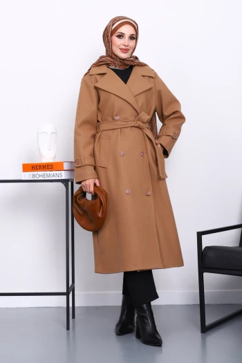 Bisküvi Kruvaze Yaka Kuşaklı Kaşe Kaban