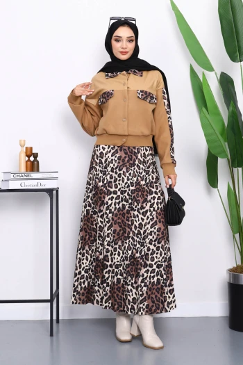 Bisküvi Leopar Desenli Ceket Etekli Takım