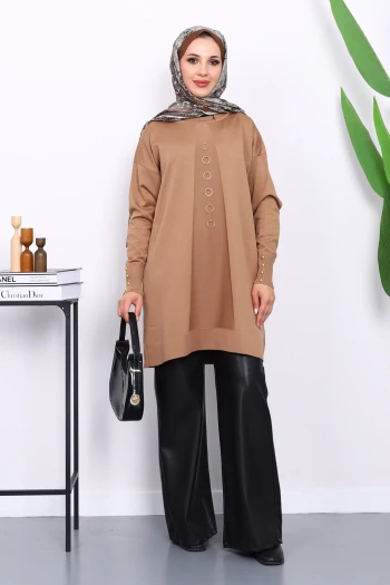 Bisküvi Ön Detaylı Soğuk İplik Triko Tunik