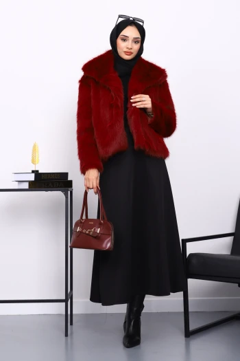 Bordo Astarlı Kısa Kürk Kaban
