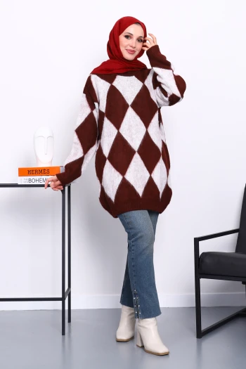 Bordo Baklava Desenli Triko Kazak