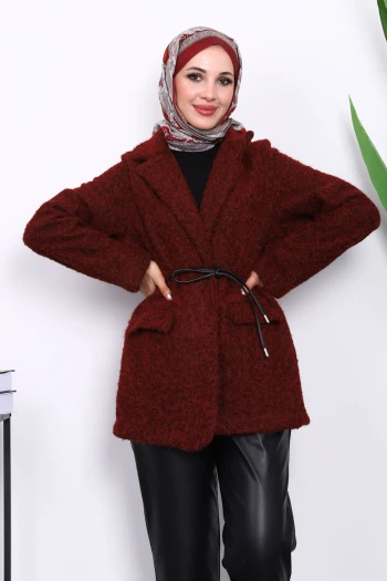 Bordo Bel Bağlamalı Cepli Keçe Ceket