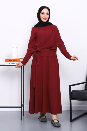 Bordo Bel Bağlamalı Etekli Takım