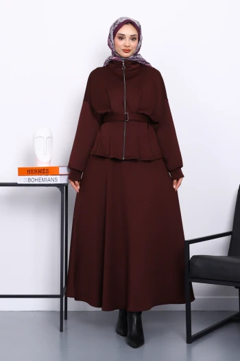 Bordo Bel Detaylı Ceket Etekli Scuba Takım