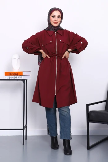 Bordo Bel Kuşaklı Çift Cepli Gabria Kap