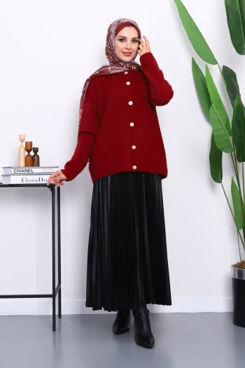 Bordo Bisiklet Yaka Angora Yumoş Hırka