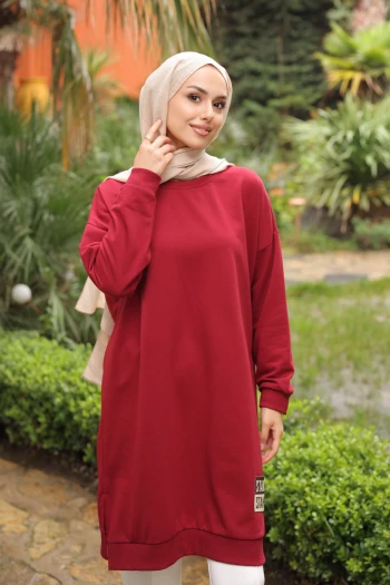 Bordo Bisiklet Yaka Armalı Tunik