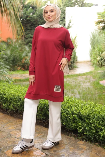 Bordo Bisiklet Yaka Armalı Tunik