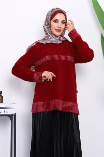 Bordo Bisiklet Yaka Çizgili Angora Yumoş Triko Kazak