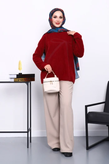 Bordo Bisiklet Yaka Desenli Angora Yumoş Triko Kazak